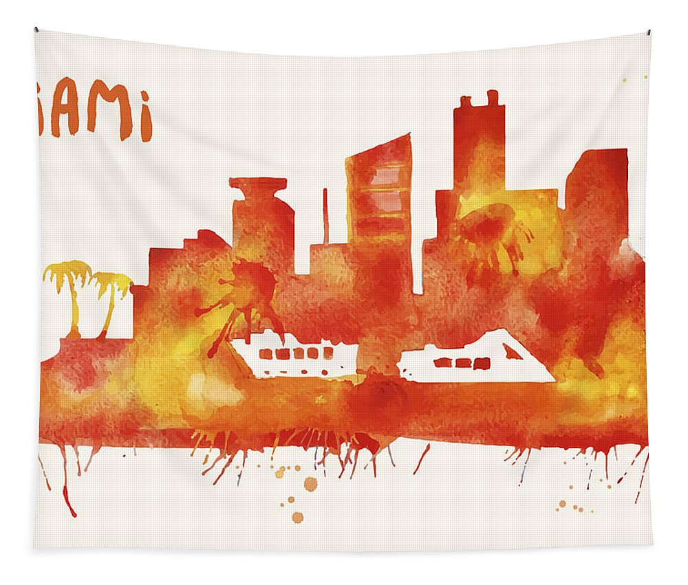 Miami Tapestry featuring the painting Miami Skyline Watercolor Poster - Cityscape Painting Artwork by Beautify My Walls