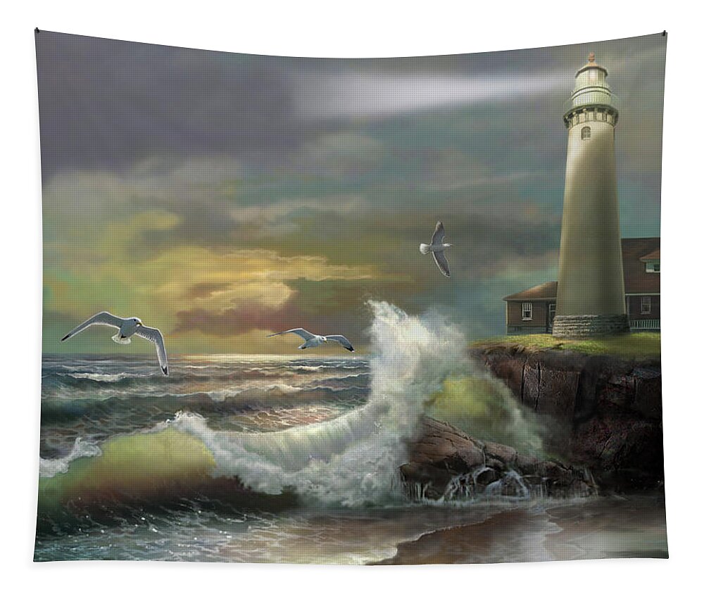  Michigan Seul Choix Point Lighthouse Art Print Tapestry featuring the painting Michigan Seul Choix Point Lighthouse with an Angry Sea by Regina Femrite