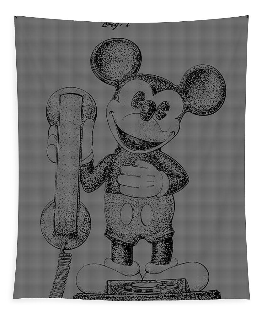 Mickey; Mouse; Novelty; Phone; Patent; 1978; Toy; Walt; Disney; Us; Inventor; Invention; Fashion; Design; Abstract; Brand; T-shirt; Hoodies; Patent Illustration; Crafts; Blueprint; Collectable; Vintage Patent; Nostalgia; Technical Illustration; Patent Drawing; Exclusive Rights; Rights; Drawing; Illustration; Presentation; Vintage; Gift; Diagram; Antique; Patentee; Men's; Men; Women; Women's; Boy; Girl; Patent Application; Home Decor; Grunge; Distress; Parchment; Old; Graphic; Chris Smith Tapestry featuring the photograph Mickey Mouse Novelty Phone Patent 1978 by Chris Smith