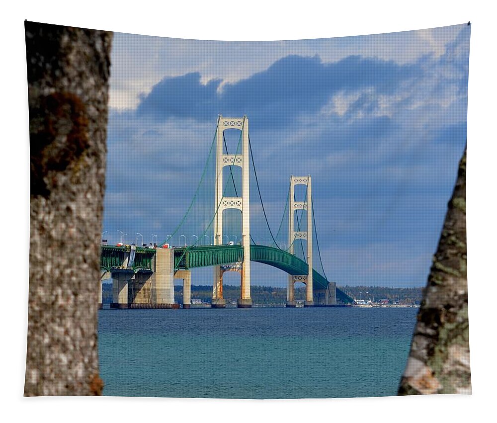 Mackinac Bridge Tapestry featuring the photograph Mighty Mac Framed by Trees by Keith Stokes
