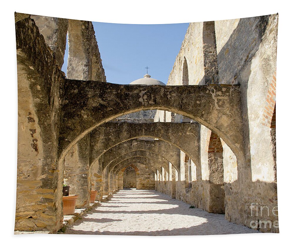 Arched Path Tapestry featuring the photograph Mission San Jose y San Miguel de Aguayo. Path. by Elena Perelman