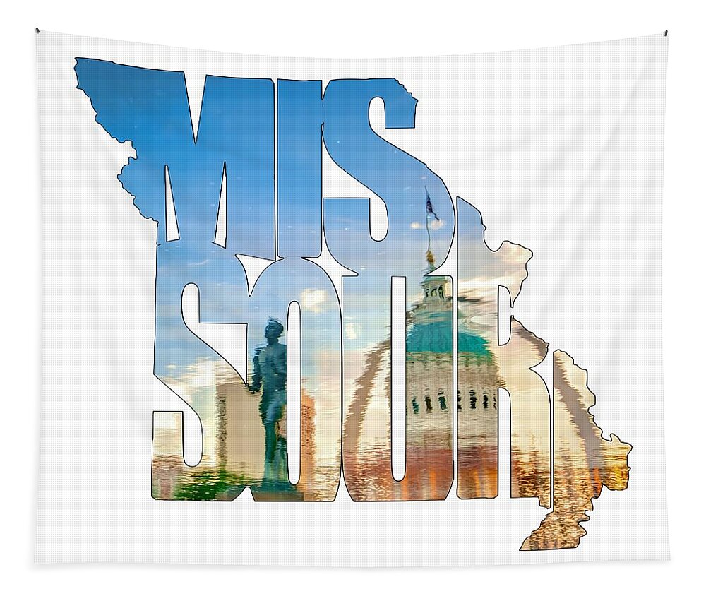 Missouri Art Tapestry featuring the photograph Missouri Typography Artwork - Reflecting the Lou - State Shape Series by Gregory Ballos