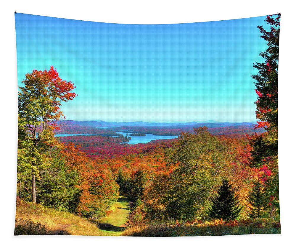 Autumn Landscapes Tapestry featuring the photograph Mist Over the Fulton Chain of Lakes by David Patterson