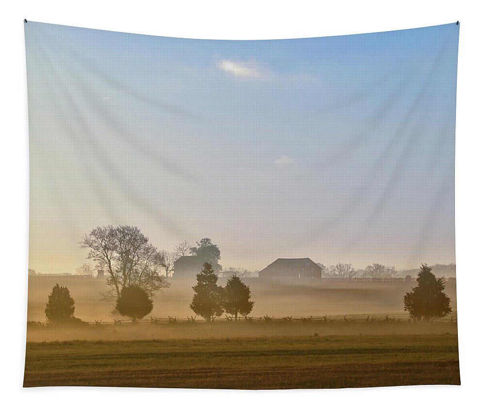Misty Tapestry featuring the photograph Misty Dawn at Gettysburg by Bill Cannon