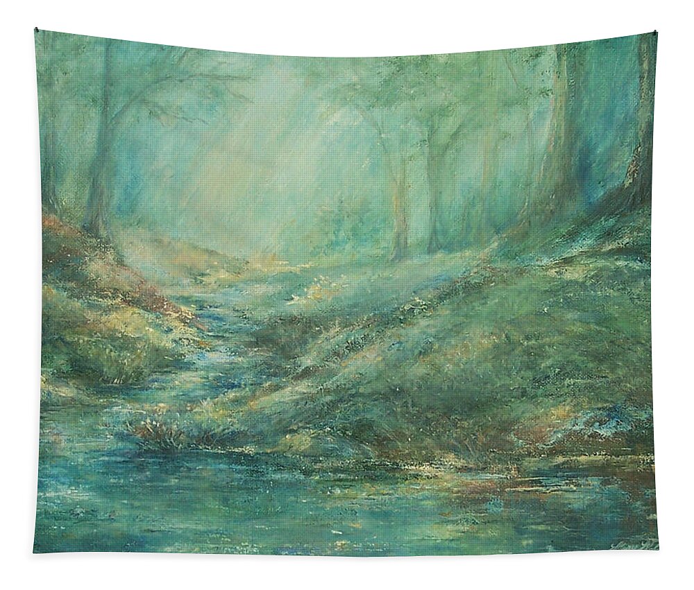 Nature Art Tapestry featuring the painting The Misty Forest Stream by Mary Wolf