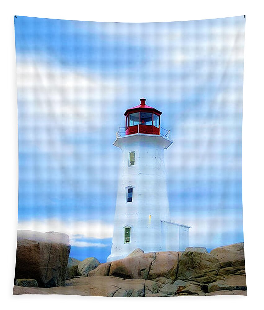 Lighthouse Tapestry featuring the photograph Misty Lighthouse - Peggy's Cove by Cristina Stefan