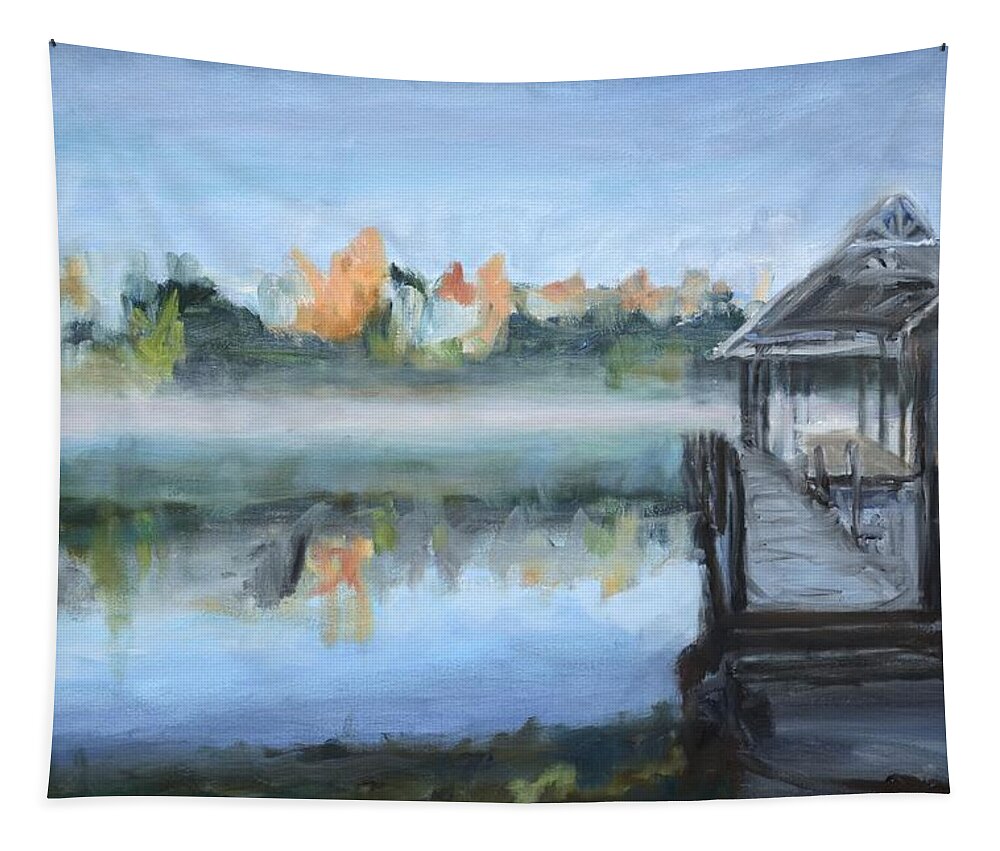 Lake Tapestry featuring the painting Misty Morning Dock at Smith Mountain Lake by Donna Tuten