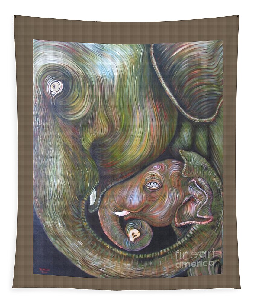 Elephant Tapestry featuring the painting Mom and Kid by Sukalya Chearanantana