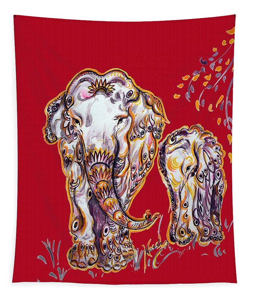 Elephant Tapestry featuring the painting Mom Elephant - Ornate by Harsh Malik