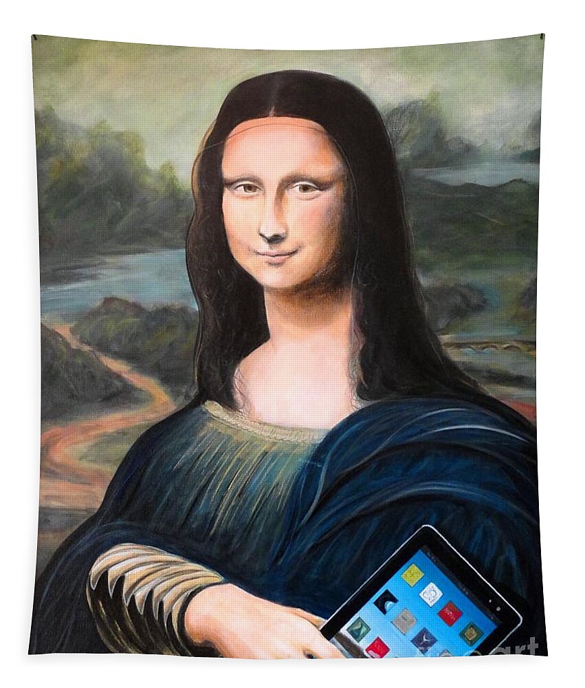 John Lyes Tapestry featuring the painting Mona Lisa with ipad by John Lyes