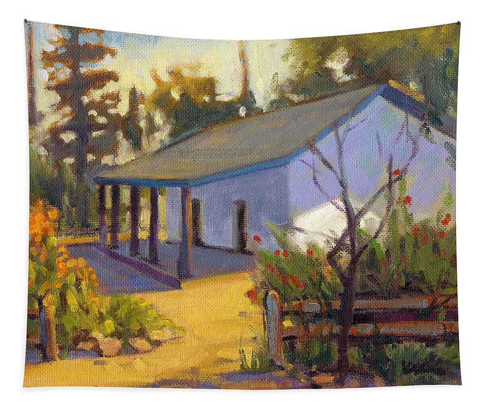 Montanez Tapestry featuring the painting Montanez Adobe, San Juan Capistrano by Konnie Kim
