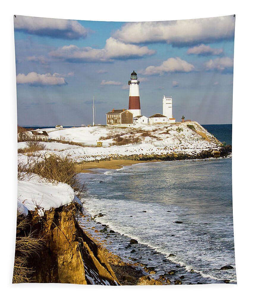 Montauk Tapestry featuring the photograph Montauk Lighthouse Winter Bluffs by Robert Seifert