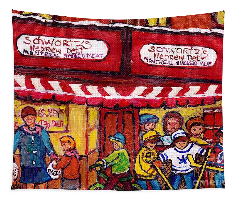 Schwartz Tapestry featuring the painting Montreal Landmarks For Sale Schwartz's Deli Winterscenes Hockey Art For Sale by Carole Spandau