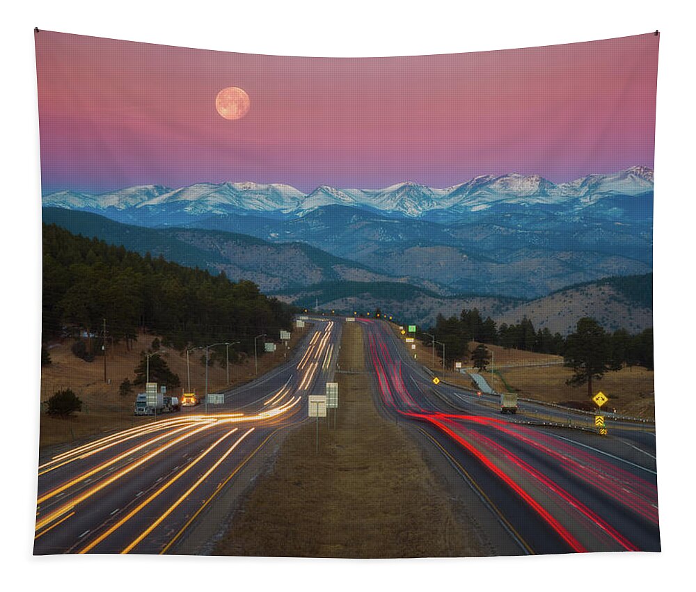 Moon Tapestry featuring the photograph Moon Over the Rockies by Darren White