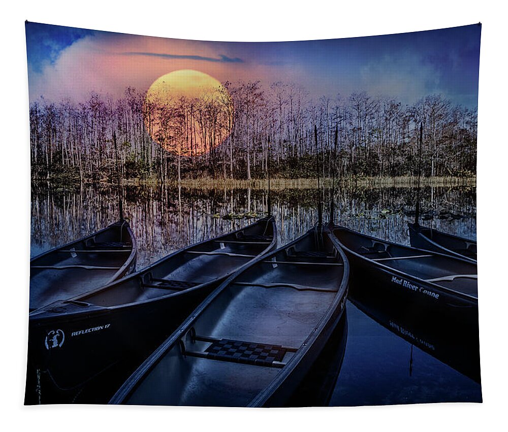Boats Tapestry featuring the photograph Moon Rise on the River by Debra and Dave Vanderlaan
