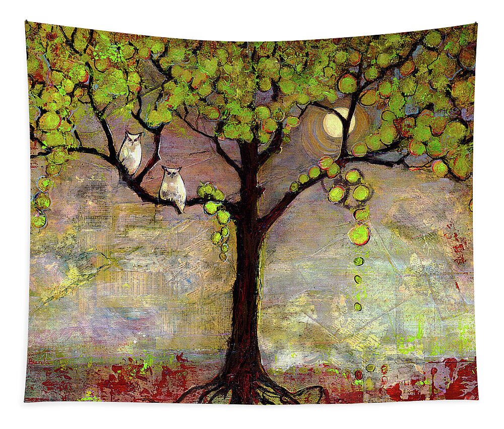 Owl Tapestry featuring the painting Moon River Tree Owls by Blenda Studio