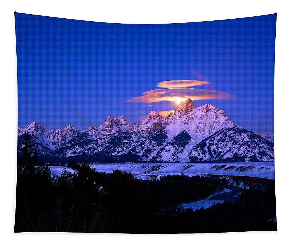 Moon Set Tapestry featuring the photograph Moon Sets Over the Tetons by Raymond Salani III