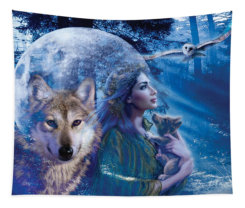 Wolf Tapestry featuring the photograph Moonlit Brethren Variant 1 by MGL Meiklejohn Graphics Licensing
