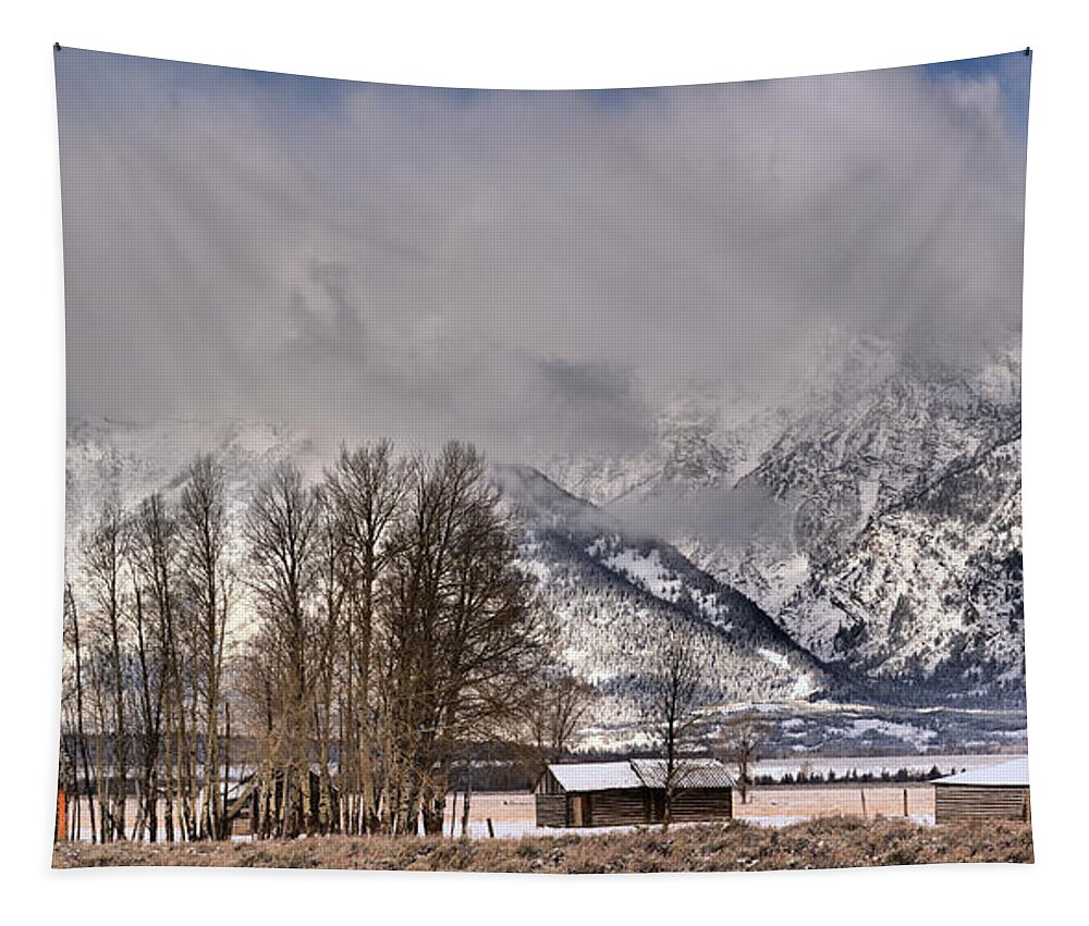 Mormon Row Tapestry featuring the photograph Mormon Row Winter Morning Panorama by Adam Jewell