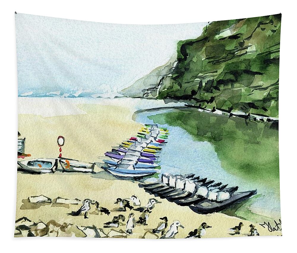 Portugal Tapestry featuring the painting Morning At Porto Novo Beach by Dora Hathazi Mendes