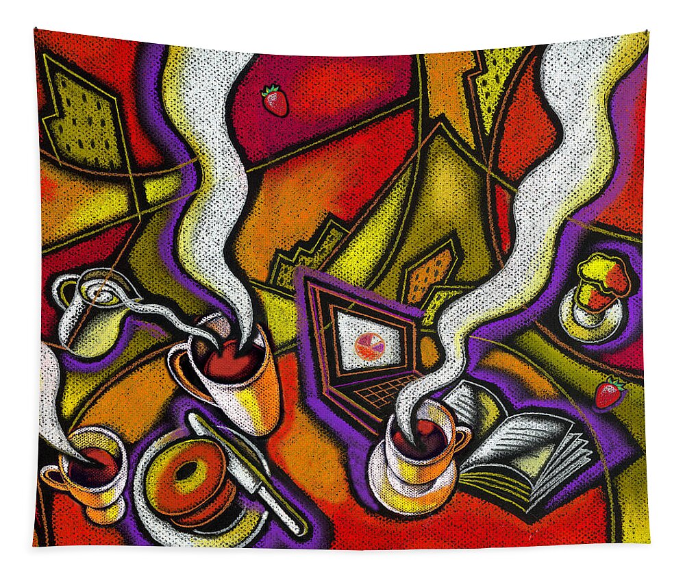 Coffee Coffee Cup Coffeepot Color Color Image Colour Cup Daytime Dish Drawing Drink Enjoying Enjoyment Food Food And Drink Fulfilling Group High Angle High Angle View Illustration And Painting Morning Newspaper Periodical Pot Relaxation Resting Steam Steaming Tea Teacup Teapot Thirst Thirsty Beverage Beverages Breakfast Cafe Caffeinated Caffeine Coffee Coffee Break Coffee Cup Coffee Cups Coffee House Coffee Shop Cup Cups Drink Drinks Lunchtime Morning Restaurant Tabletop Tea Internet Tablet Tapestry featuring the painting Morning Coffee And Internet by Leon Zernitsky
