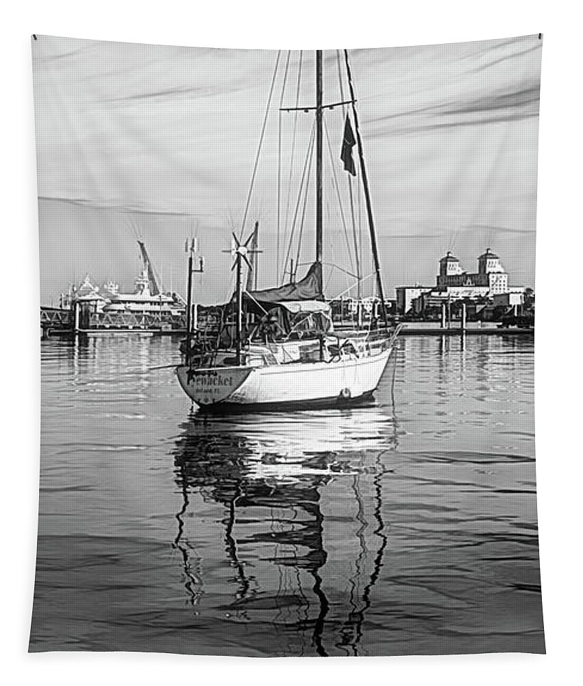 Boats Tapestry featuring the photograph Morning Float in Black and White Sketch by Debra and Dave Vanderlaan
