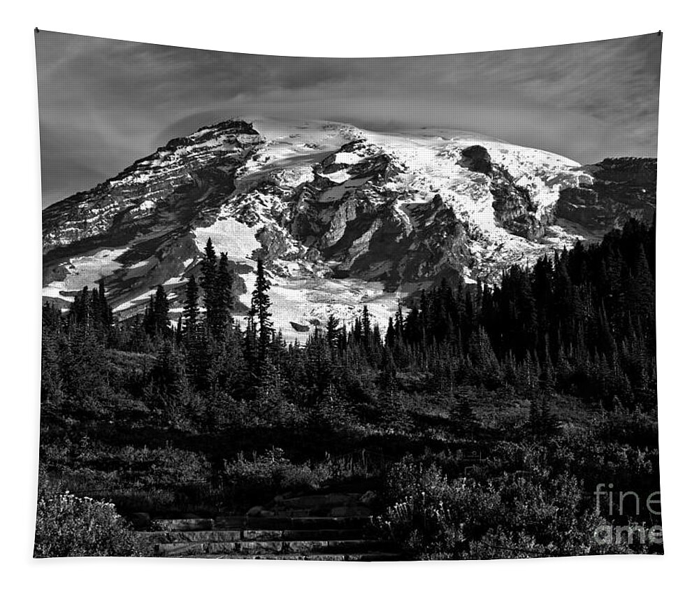 Black And White Tapestry featuring the photograph Morning Glory At Mt. Rainier - Black And White by Adam Jewell