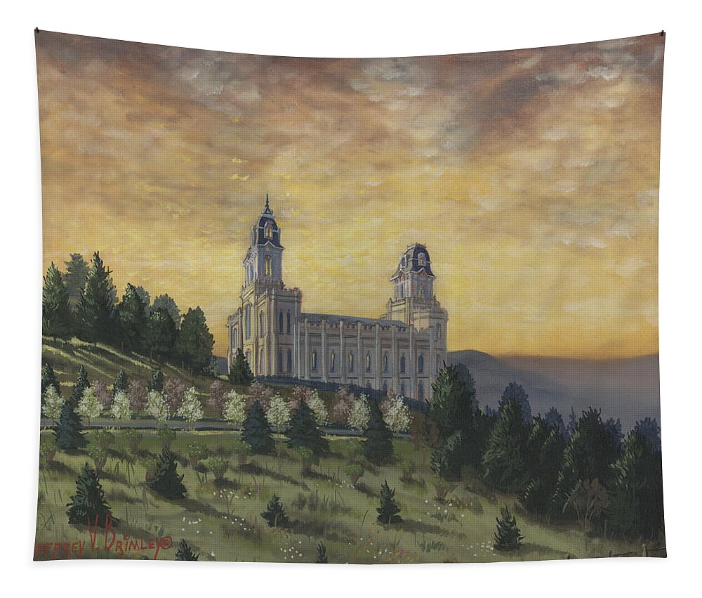 Temple Tapestry featuring the painting Morning he came again into the Temple by Jeff Brimley