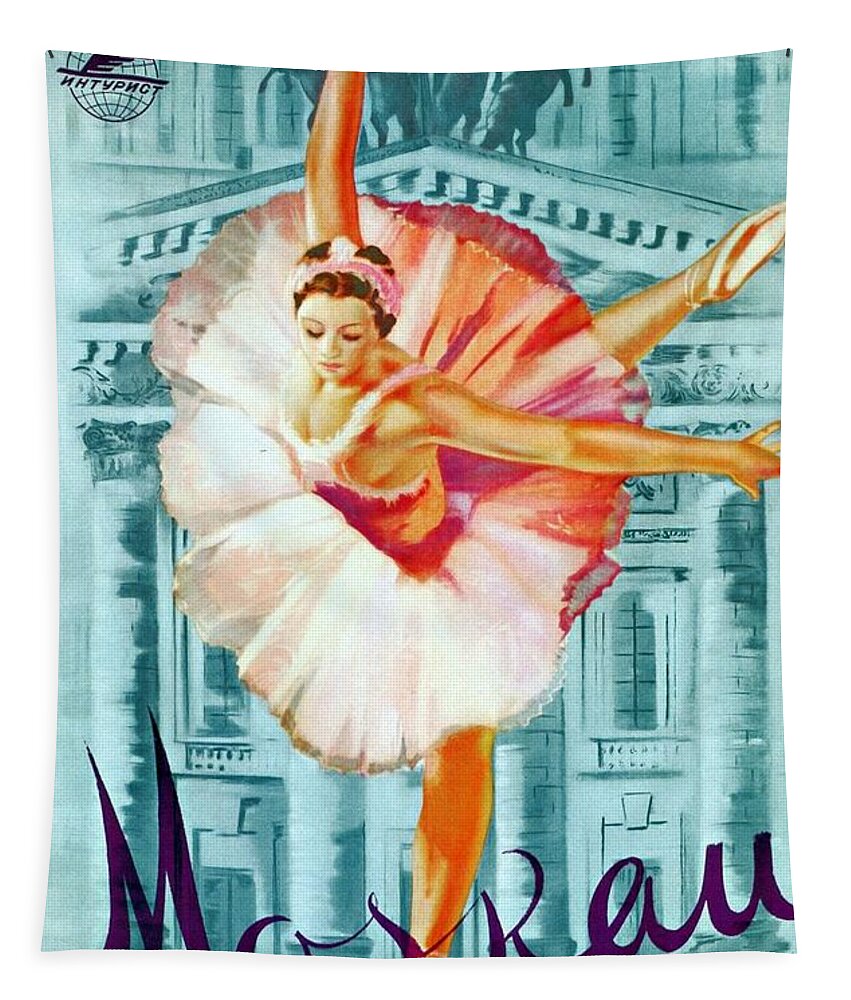 Moskau Tapestry featuring the mixed media Moskau - Ballerina in pink Dancing - Retro travel Poster - Vintage Poster by Studio Grafiikka