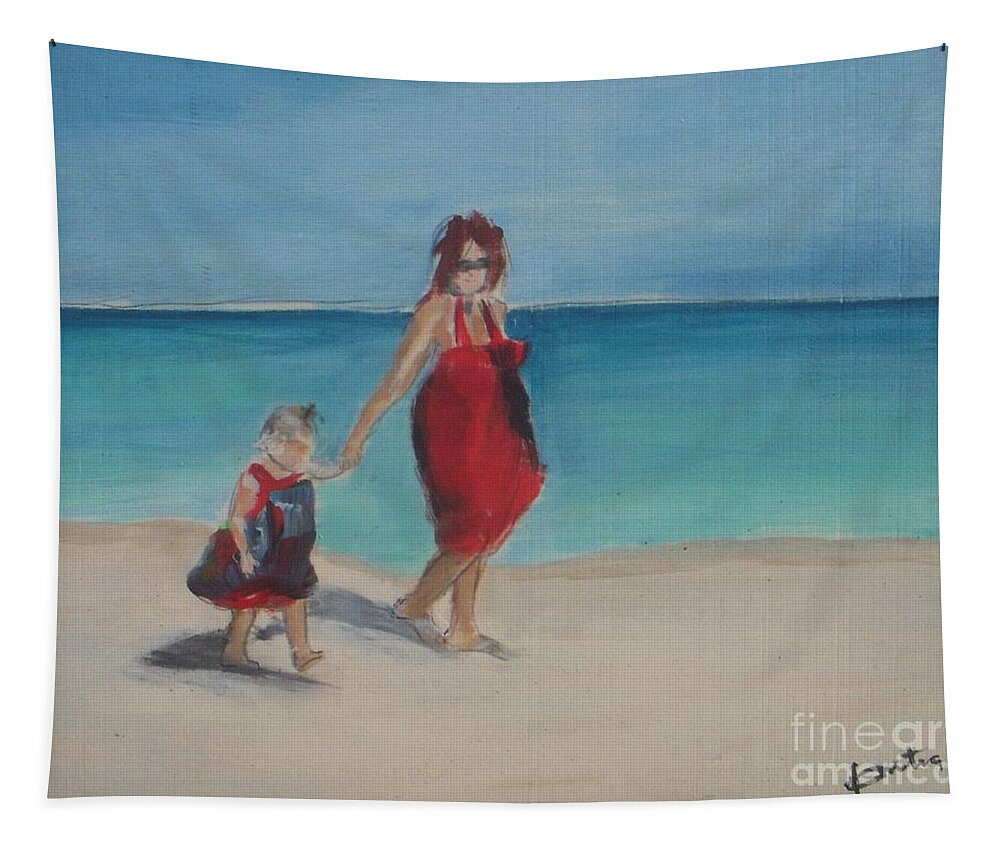 Mom Tapestry featuring the painting Mother and Daughter Walk on the Beach by Vesna Antic