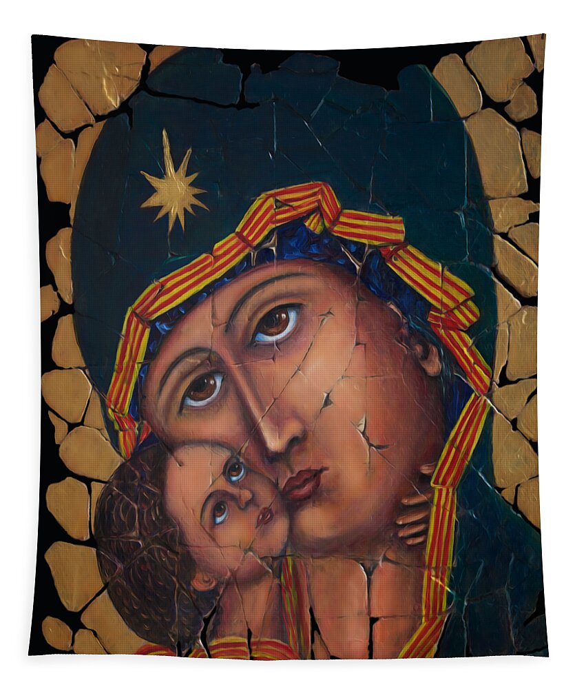Vladimir Mother Of God Tapestry featuring the painting Mother of God by Lena Owens - OLena Art Vibrant Palette Knife and Graphic Design