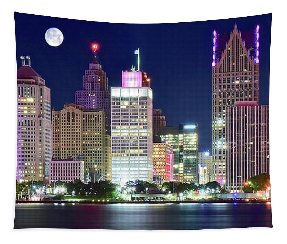 Detroit Tapestry featuring the photograph Motor City Night with Full Moon by Frozen in Time Fine Art Photography