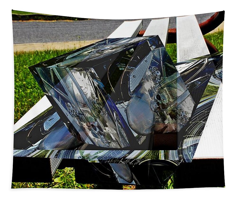 Cars Tapestry featuring the digital art Motorcycle and park bench as art by Karl Rose