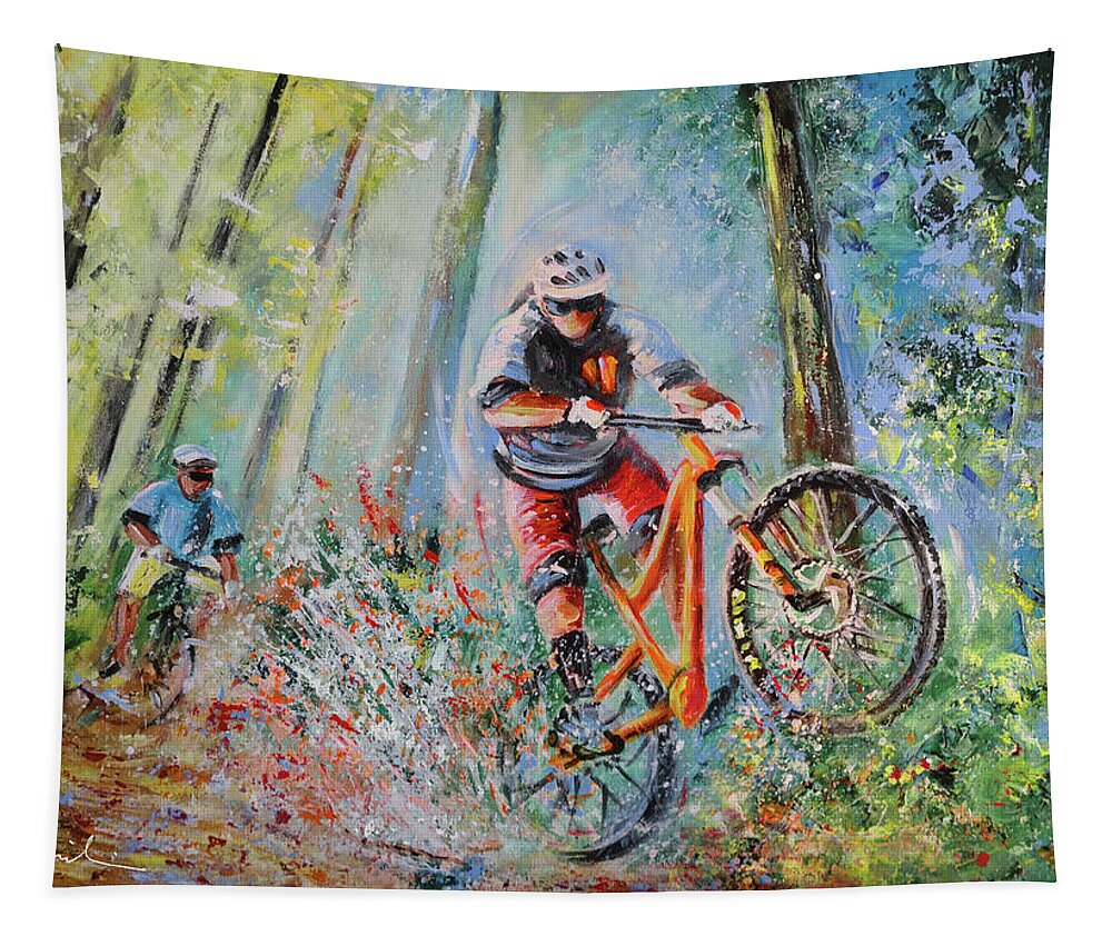 Cycling Tapestry featuring the painting Mountain Biking 01 by Miki De Goodaboom