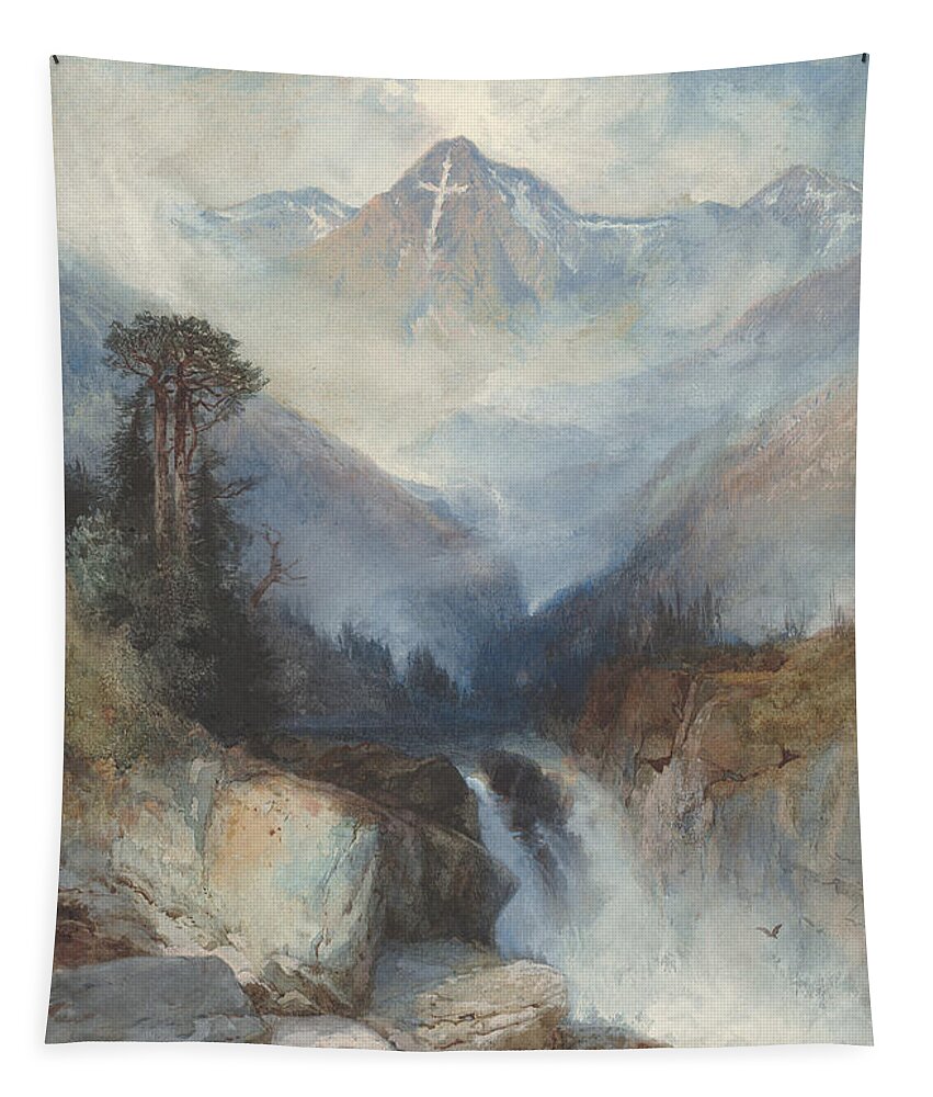 Waterfall Tapestry featuring the painting Mountain of the Holy Cross by Thomas Moran