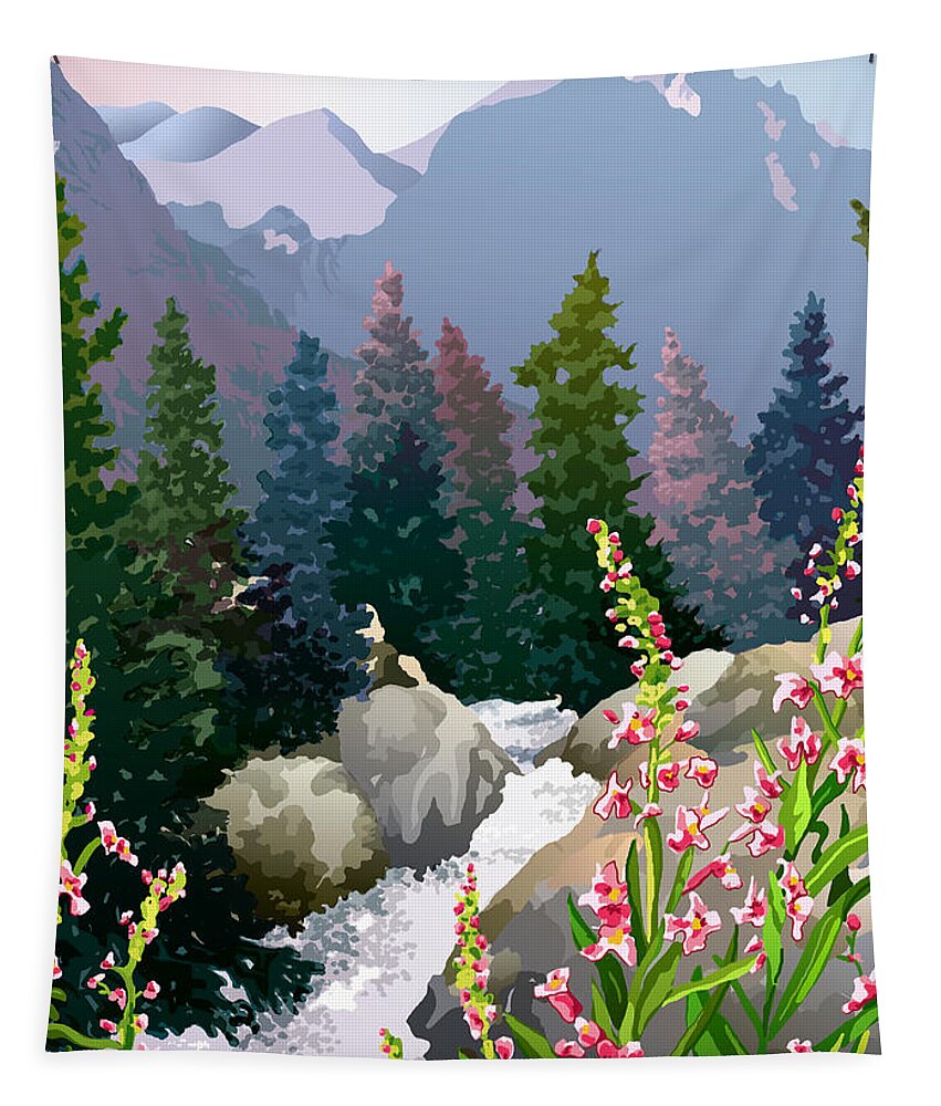 Rocky Mountains Tapestry featuring the digital art Mountain Stream by Anne Gifford