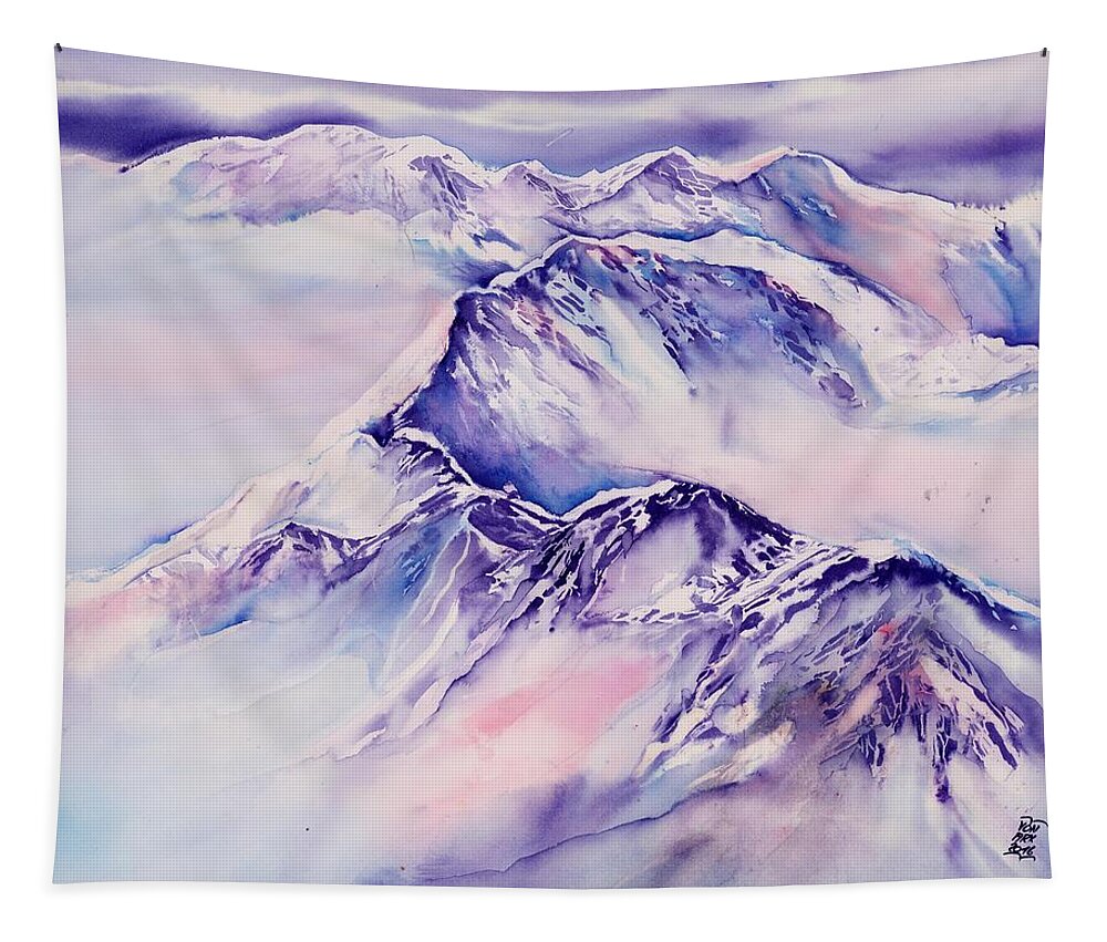Swiss Mountains Watercolor Tapestry featuring the painting Mountains above the clouds No. 2 by Sabina Von Arx