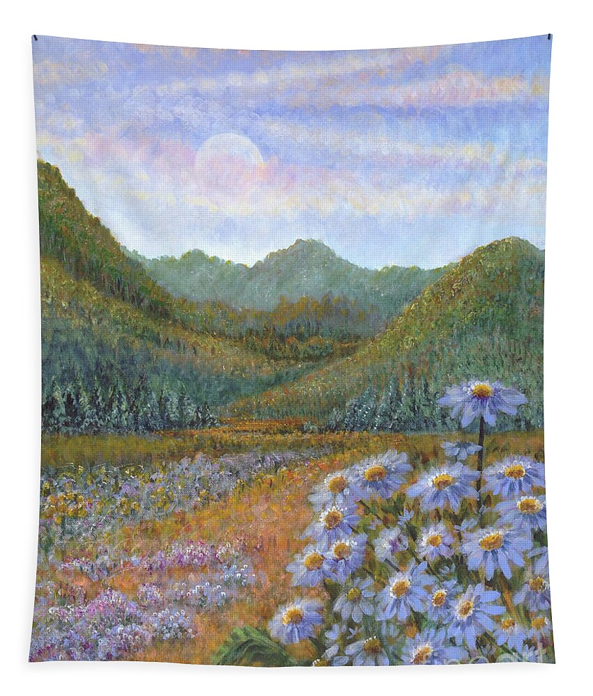 Mountains And Asters Tapestry featuring the painting Mountains and Asters by Holly Carmichael