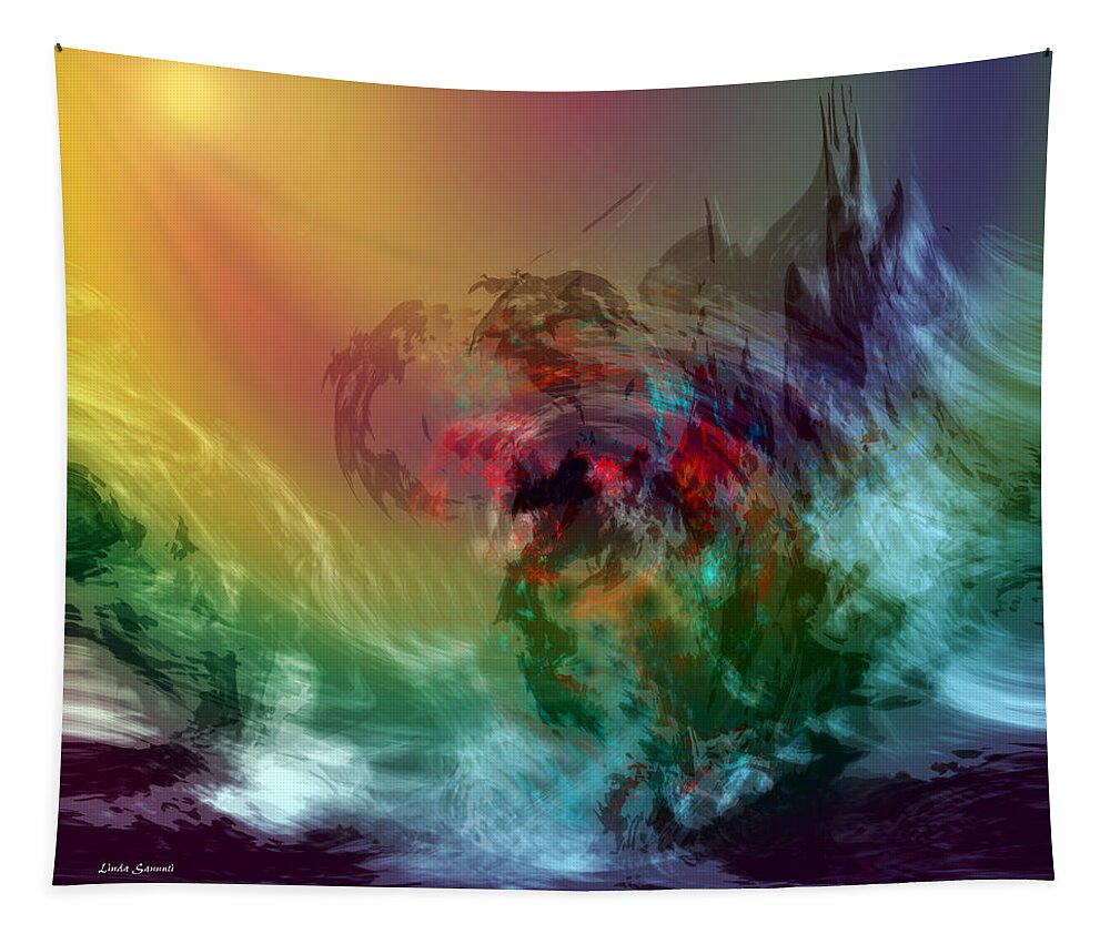 Sea Art Tapestry featuring the digital art Mountains crumble to the Sea by Linda Sannuti