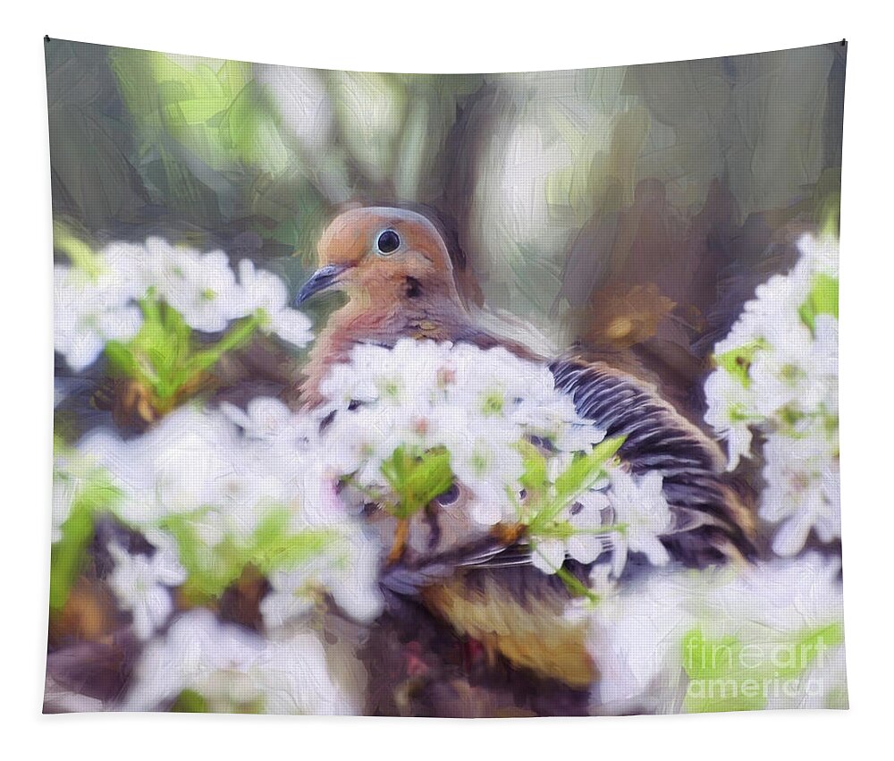 Mourning Dove Tapestry featuring the photograph Mourning Dove In Spring Blossoms by Kerri Farley