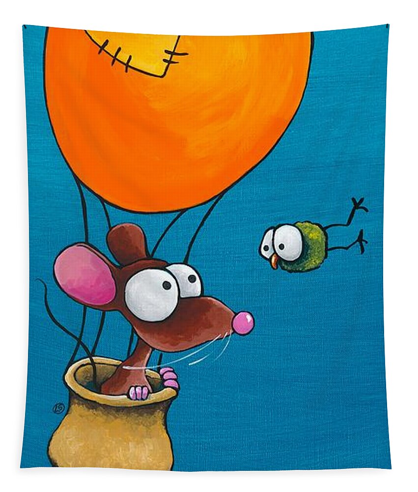 Mouse Tapestry featuring the painting Mouse in his hot air balloon by Lucia Stewart