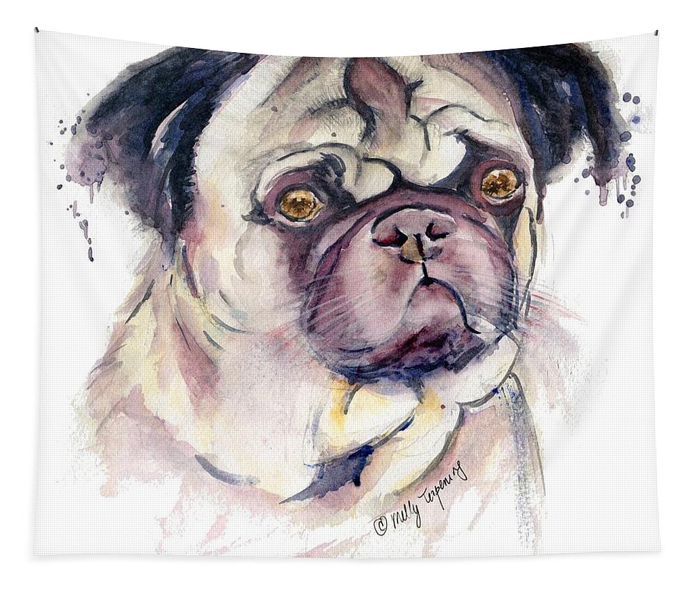 Pug Tapestry featuring the painting Mr Thinker Pug watercolor by Melly Terpening