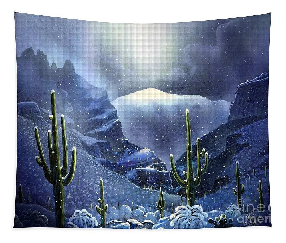 Arizona Tapestry featuring the painting Finger Rock Canyon Snow by Jerry Bokowski