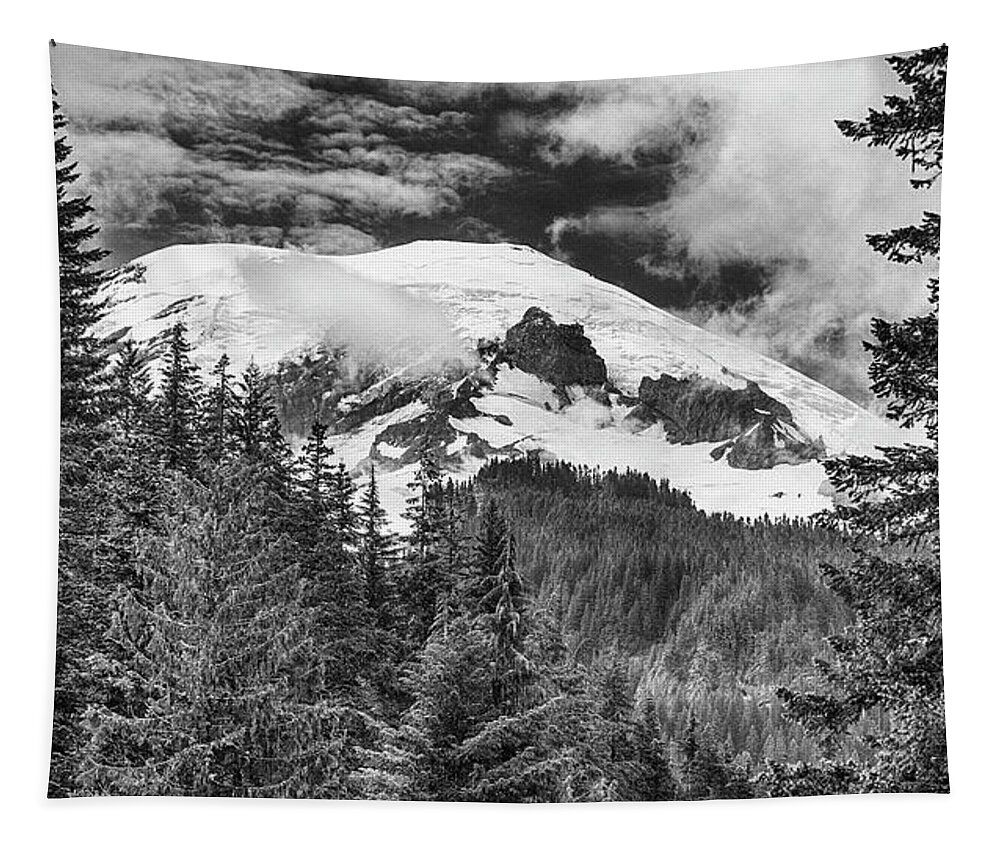 Mt Rainier Tapestry featuring the photograph Mt Rainier View - bw by Stephen Stookey
