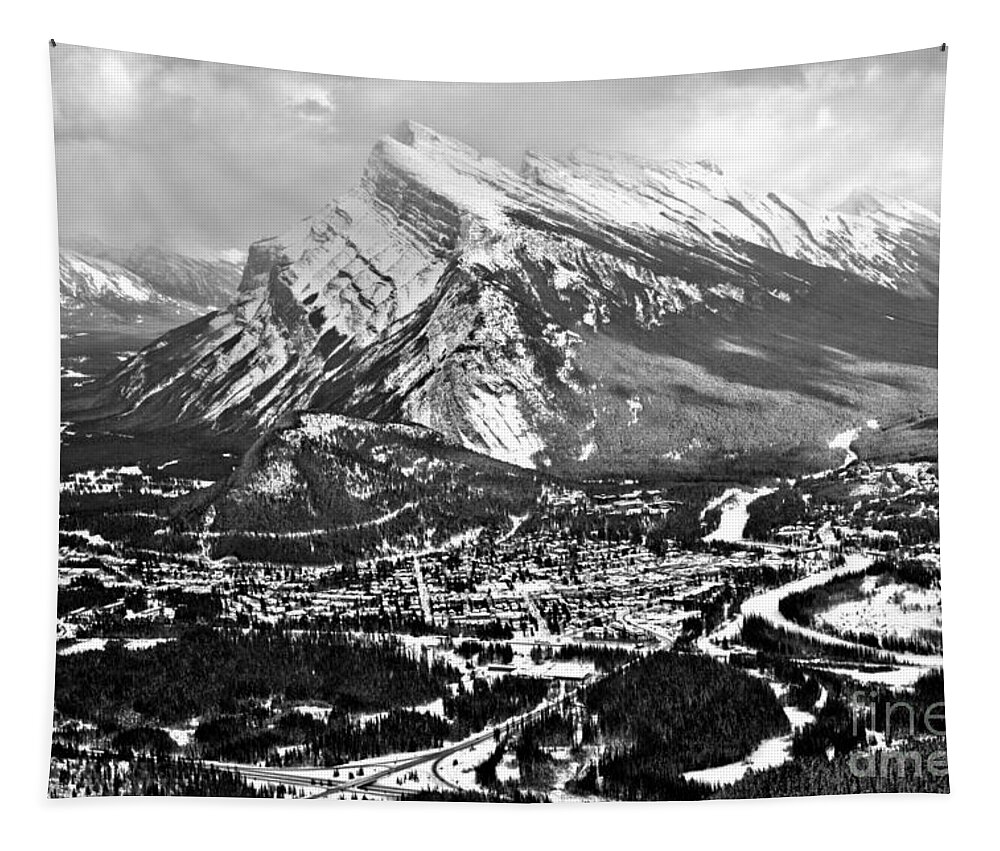 Mt Rundle Tapestry featuring the photograph Mt Rundle Aerial View Black And White by Adam Jewell