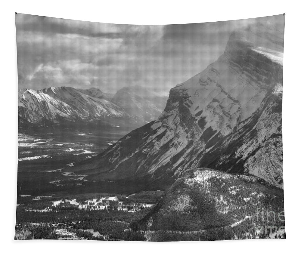 Norquay Tapestry featuring the photograph Mt. Rundle And The Canadian Rockies Black And White by Adam Jewell