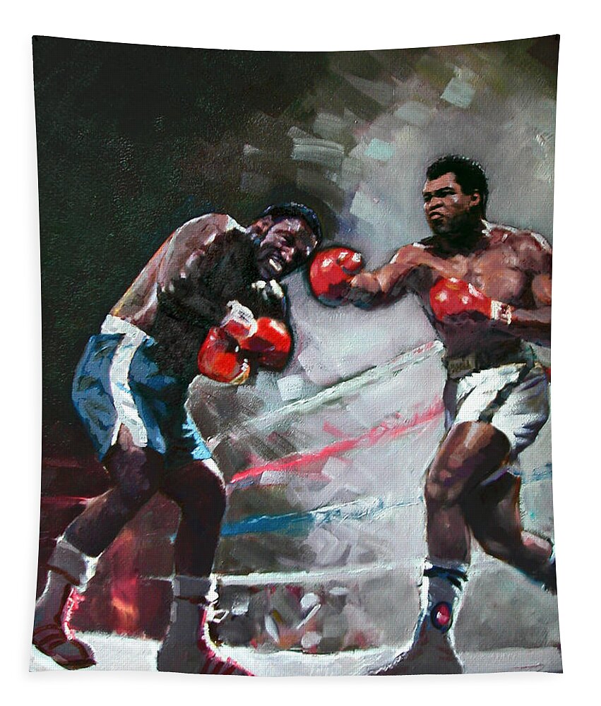 Muhammad Ali Tapestry featuring the painting Muhammad Ali and Joe Frazier by Ylli Haruni