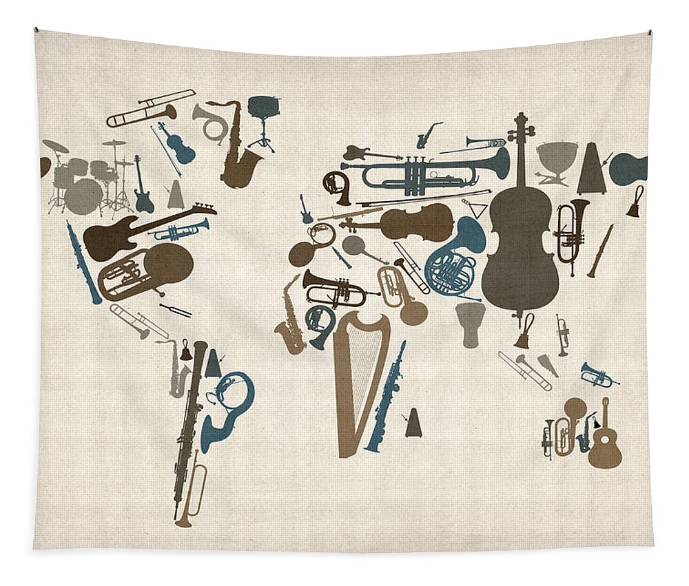World Map Tapestry featuring the digital art Musical Instruments Map of the World Map by Michael Tompsett