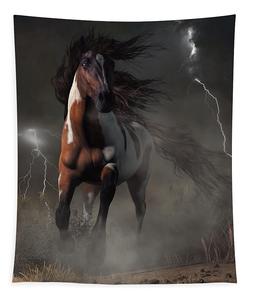 Horse Tapestry featuring the digital art Mustang Horse in a Storm by Daniel Eskridge