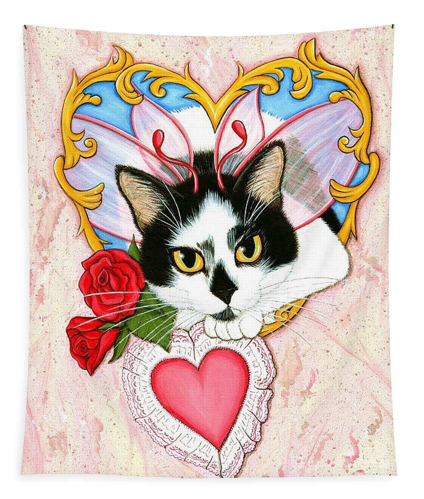 Tuxedo Cat Tapestry featuring the painting My Feline Valentine Tuxedo Cat by Carrie Hawks
